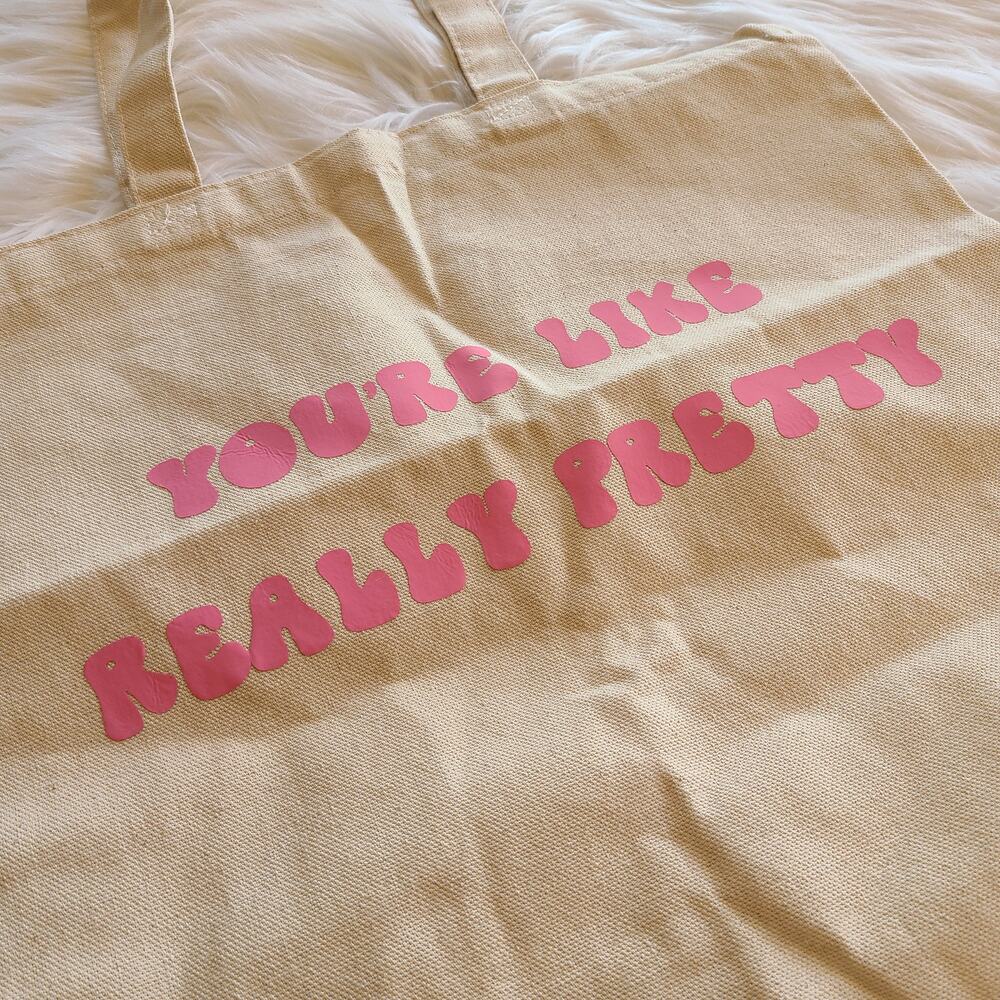 Y2K You're Like Really Pretty Tote Bag Purse Pink Cotton Market Book Bag Boho - Picture 2 of 3